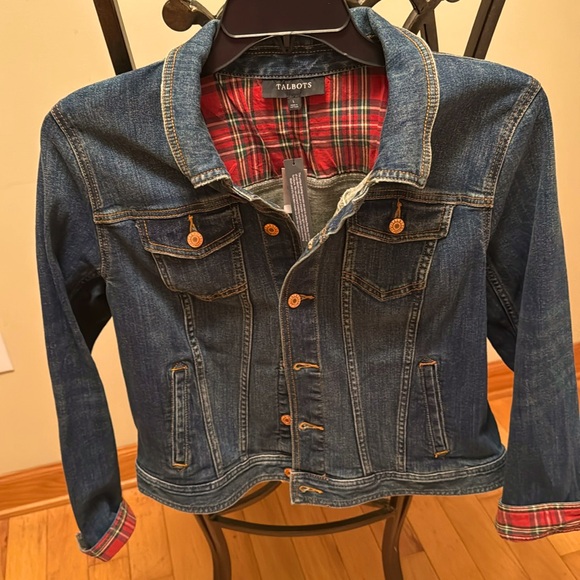 Talbots Jean Jacket with Tartan Plaid Cuffs - size large - NWT - Picture 2 of 12